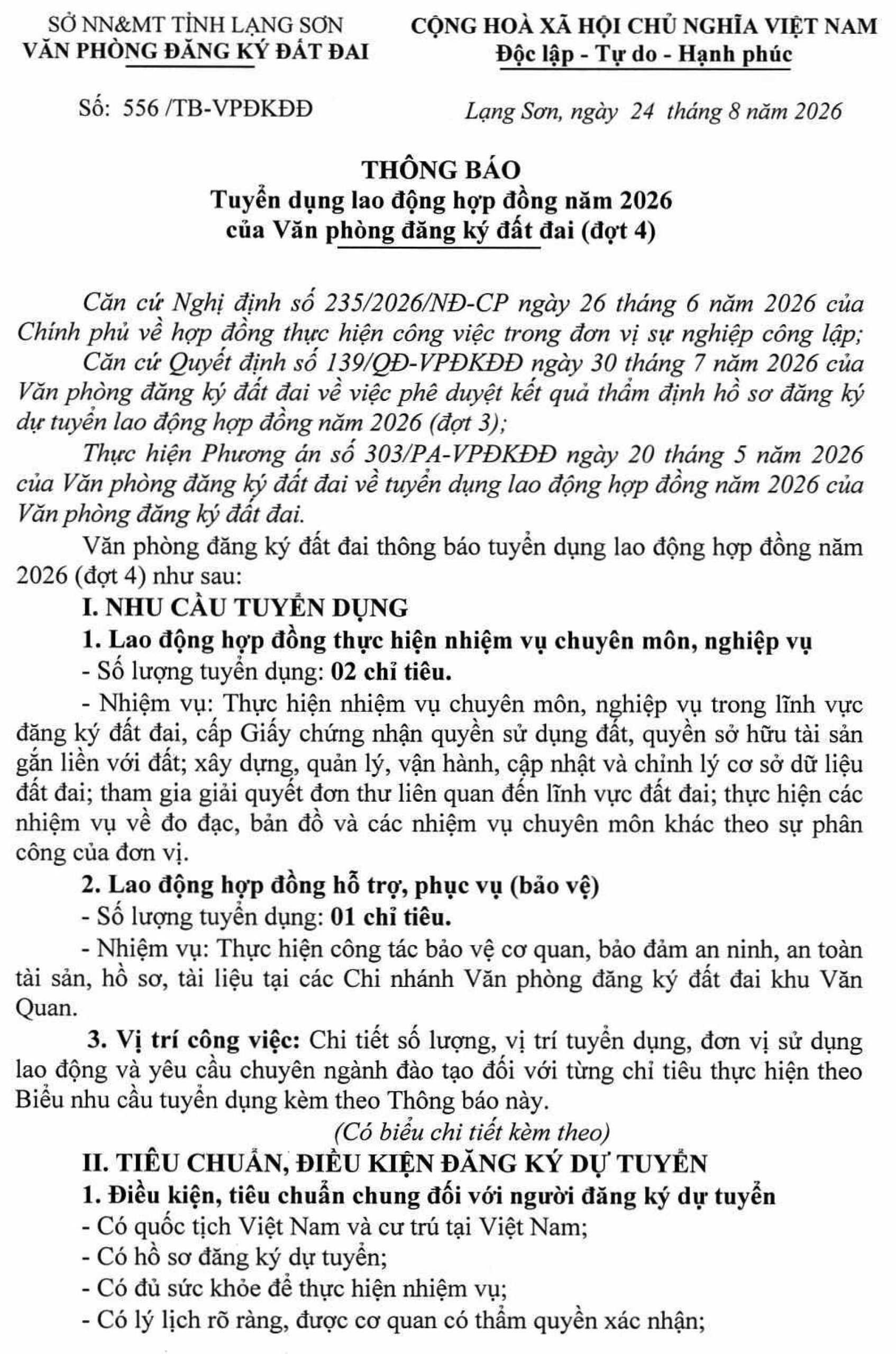 Văn phòng đăng ký đất đai tỉnh Lạng Sơn tuyển dụng hợp đồng lao động đợt 4 năm 2026